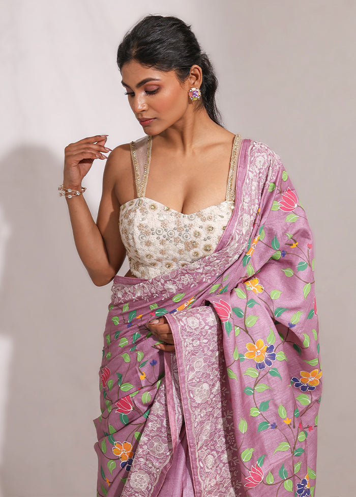 Purple Handloom Tussar Pure Silk Saree With Blouse Piece