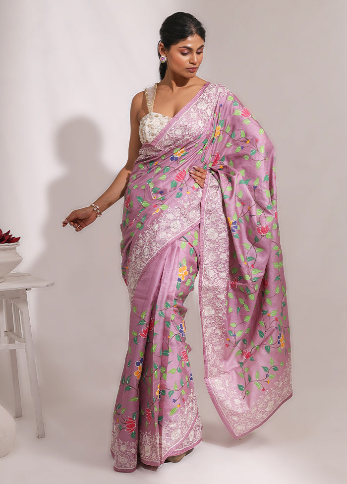 Purple Handloom Tussar Pure Silk Saree With Blouse Piece