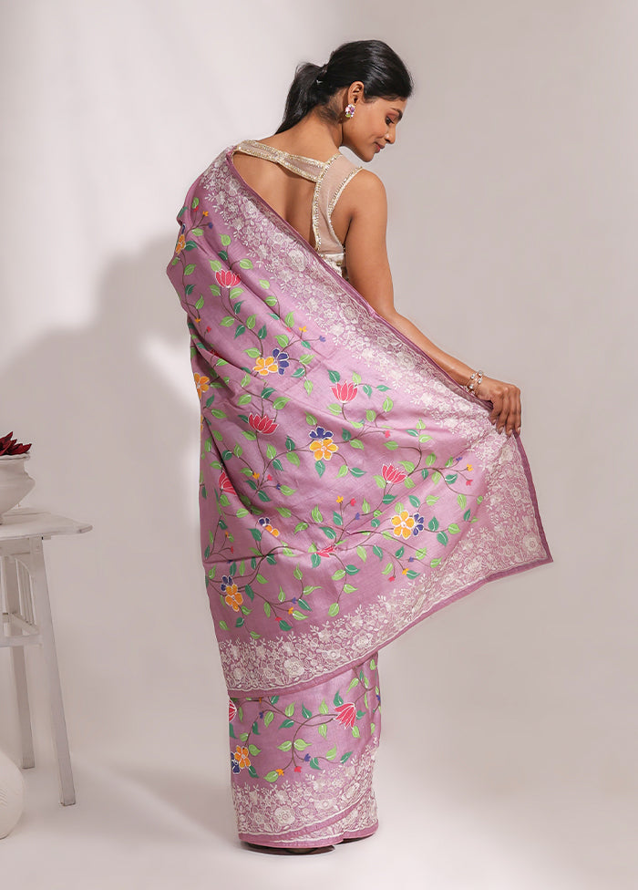 Purple Handloom Tussar Pure Silk Saree With Blouse Piece
