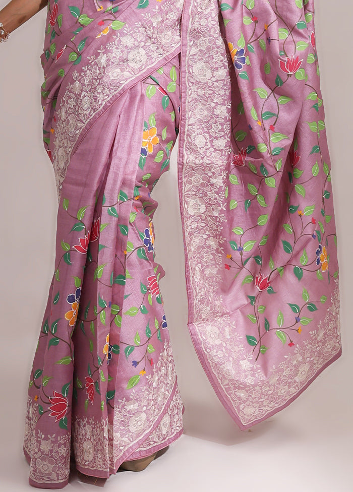 Purple Handloom Tussar Pure Silk Saree With Blouse Piece