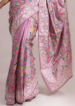 Purple Handloom Tussar Pure Silk Saree With Blouse Piece