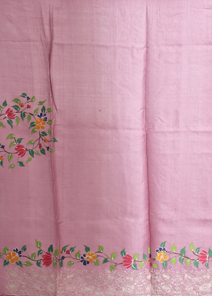 Purple Handloom Tussar Pure Silk Saree With Blouse Piece