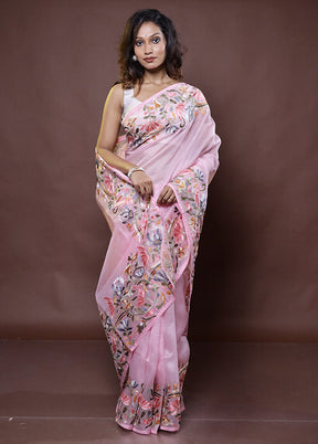 Pink Handloom Pure Organza Saree With Blouse Piece