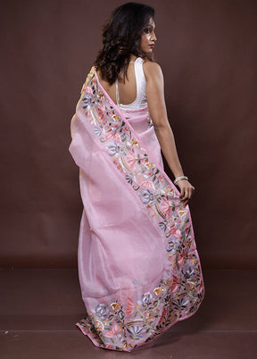 Pink Handloom Pure Organza Saree With Blouse Piece