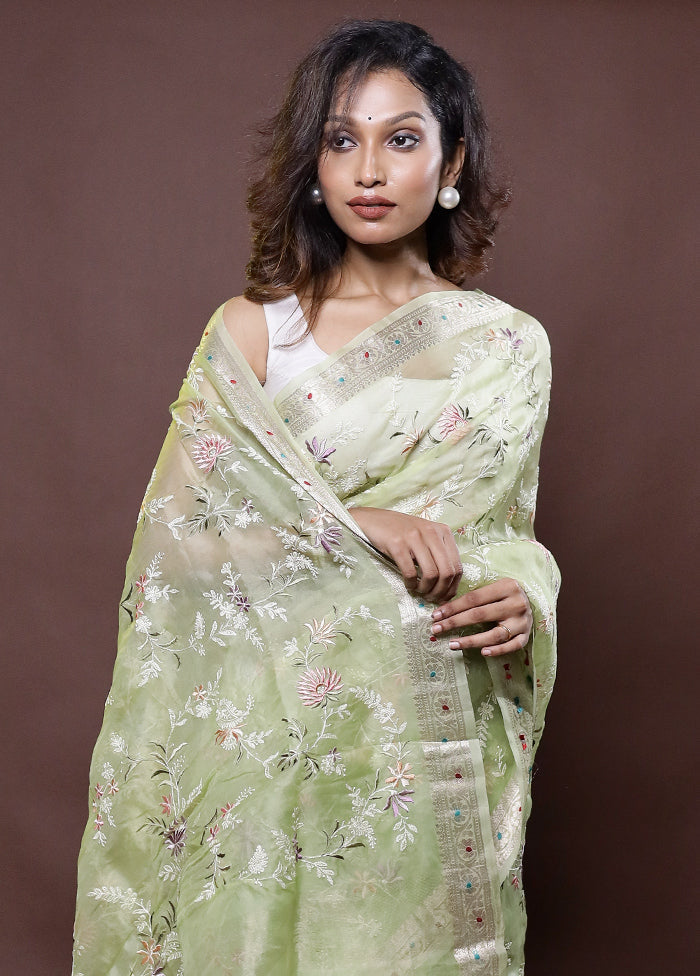 Green Handloom Pure Organza Saree With Blouse Piece