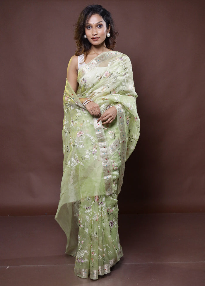 Green Handloom Pure Organza Saree With Blouse Piece