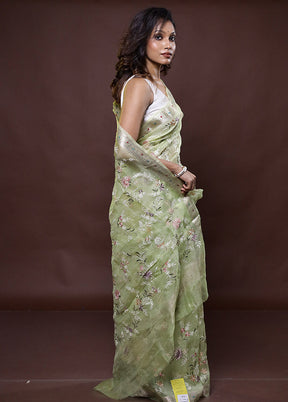 Green Handloom Pure Organza Saree With Blouse Piece