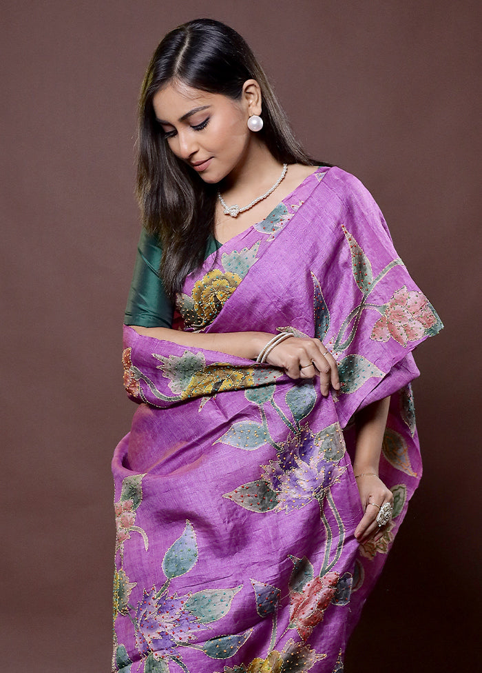 Pink Handloom Tussar Pure Silk Saree With Blouse Piece