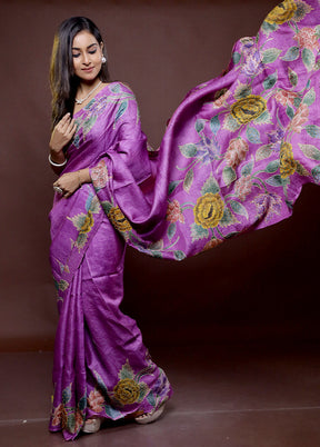 Pink Handloom Tussar Pure Silk Saree With Blouse Piece