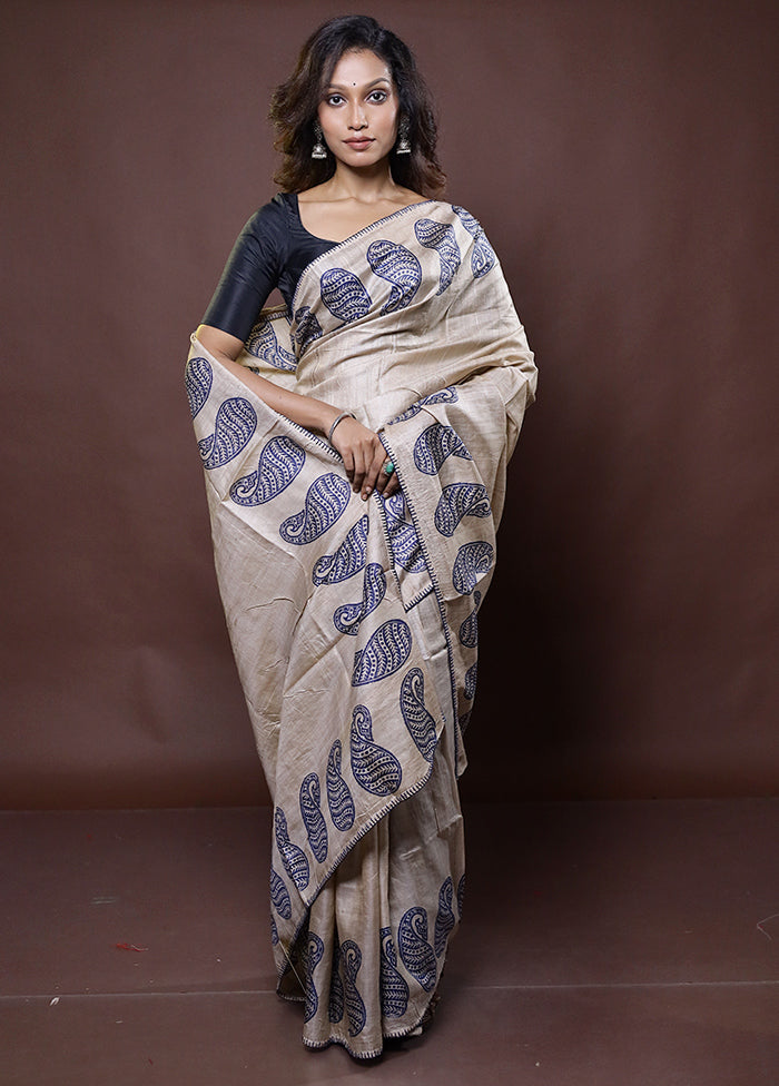 Cream Handloom Tussar Pure Silk Saree With Blouse Piece