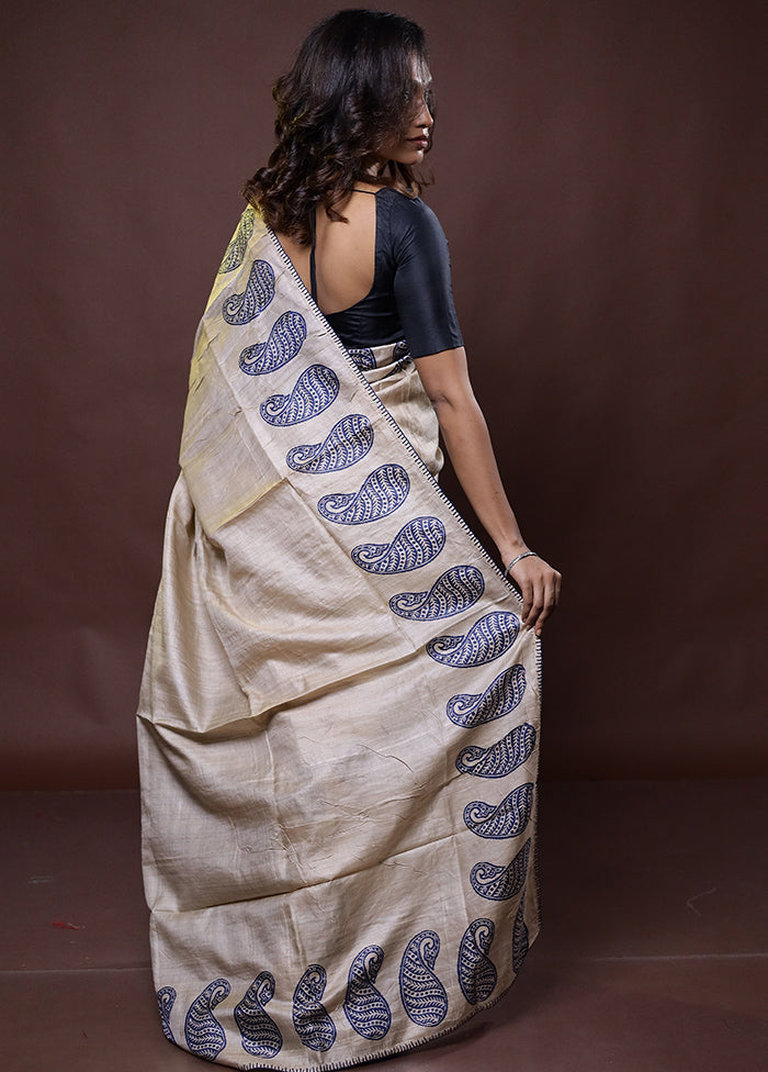 Cream Handloom Tussar Pure Silk Saree With Blouse Piece