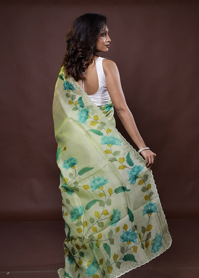 Green Handloom Pure Organza Saree With Blouse Piece