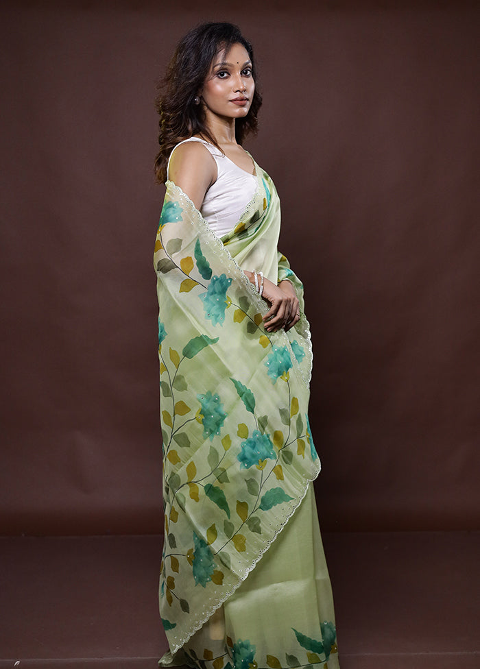 Green Handloom Pure Organza Saree With Blouse Piece