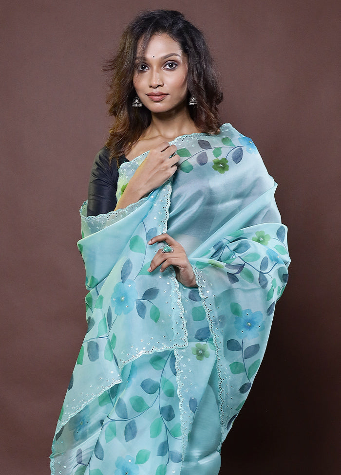 Green Handloom Pure Organza Saree With Blouse Piece