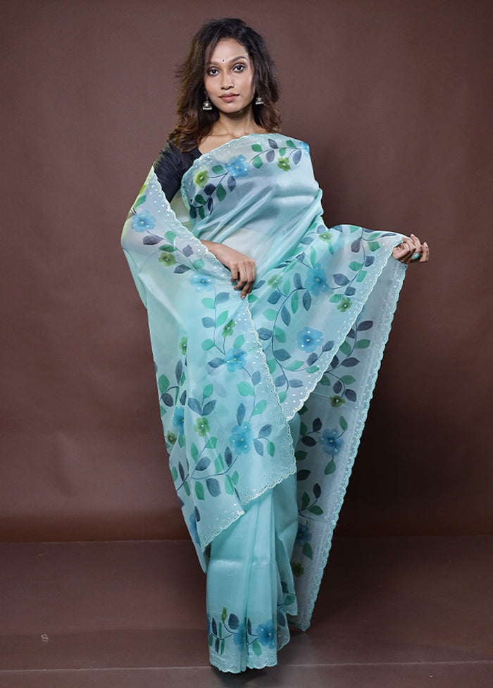 Green Handloom Pure Organza Saree With Blouse Piece