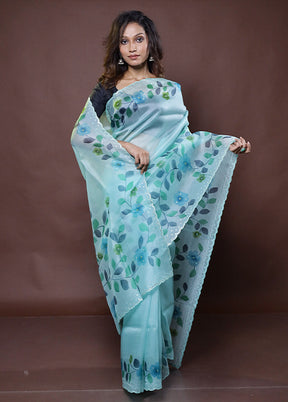 Blue Handloom Pure Organza Saree With Blouse Piece