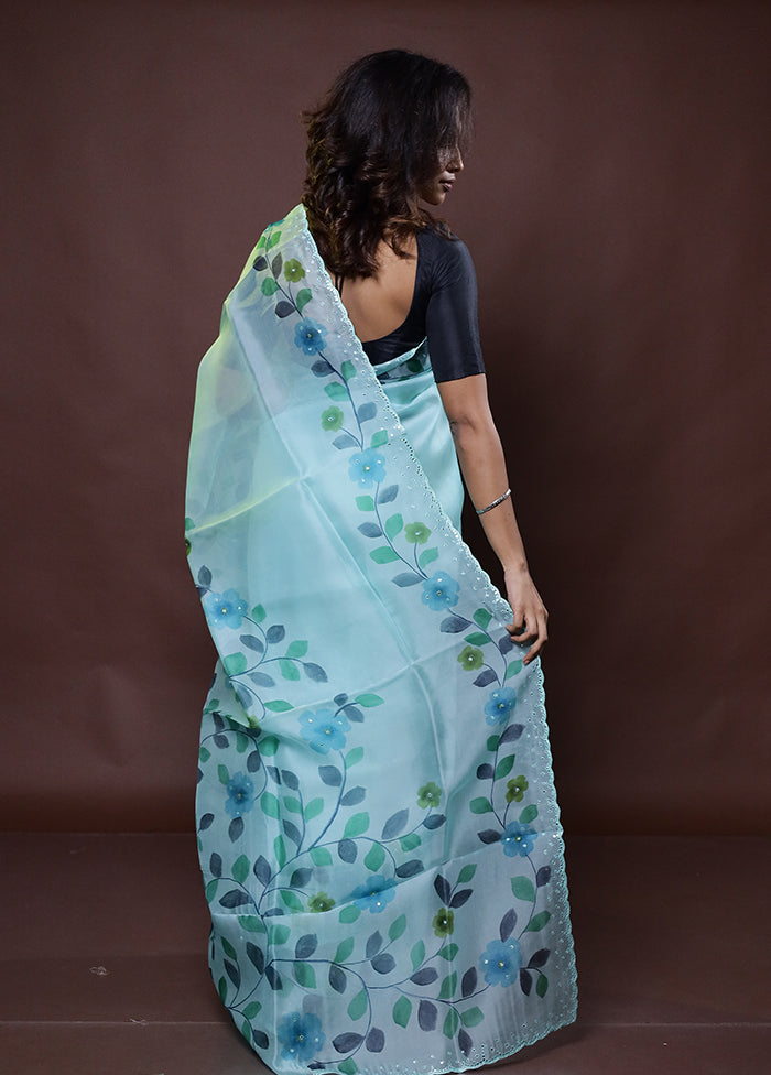 Green Handloom Pure Organza Saree With Blouse Piece