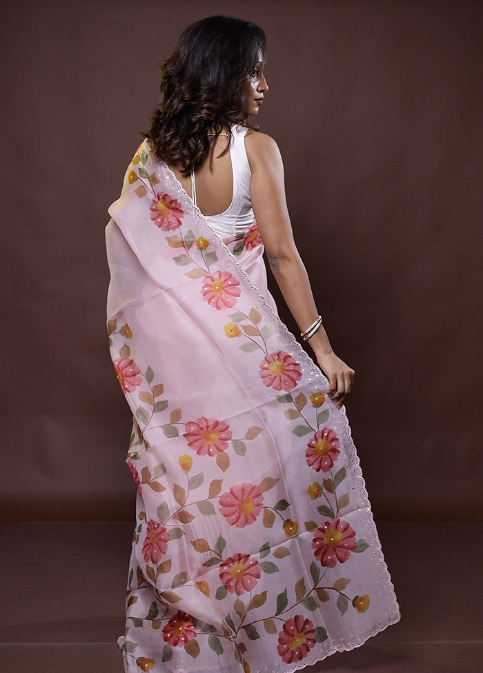 Pink Handloom Pure Organza Saree With Blouse Piece