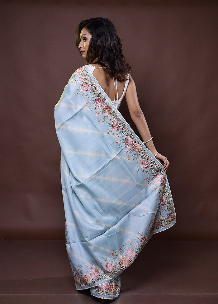 Blue Handloom Tussar Pure Silk Saree With Blouse Piece