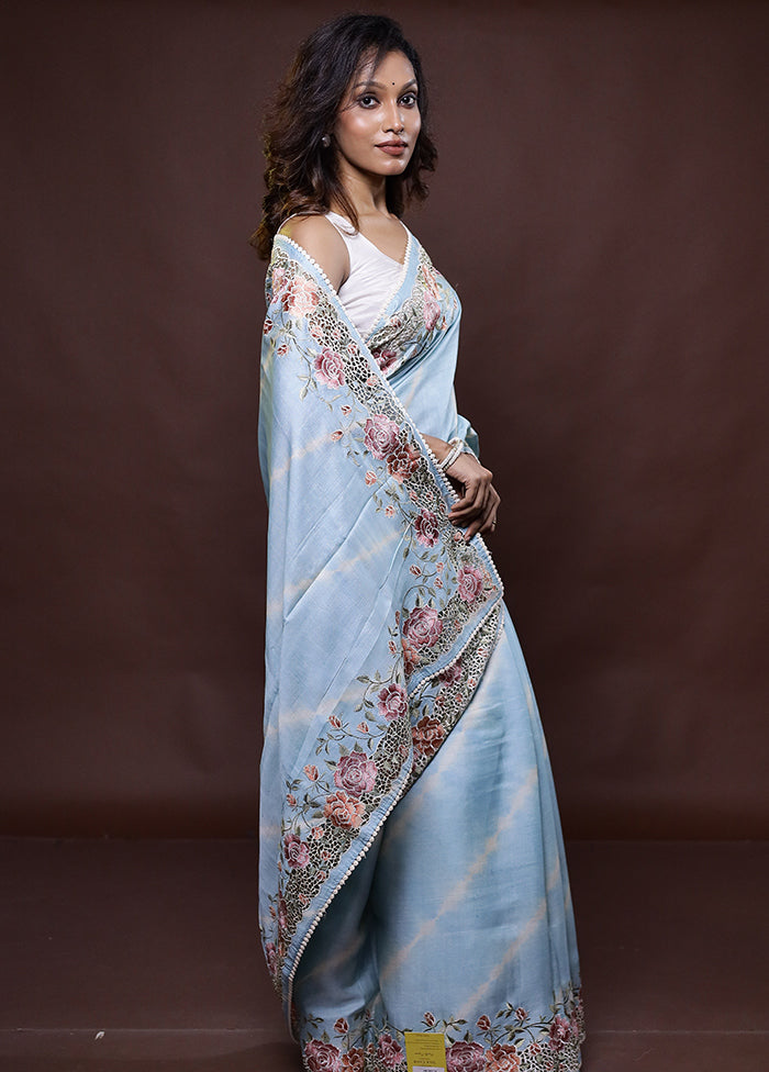 Blue Handloom Tussar Pure Silk Saree With Blouse Piece