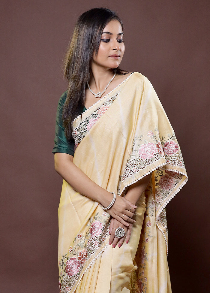 Yellow Handloom Tussar Pure Silk Saree With Blouse Piece