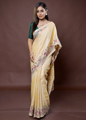 Yellow Handloom Tussar Pure Silk Saree With Blouse Piece