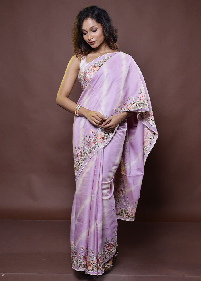 Purple Handloom Tussar Pure Silk Saree With Blouse Piece