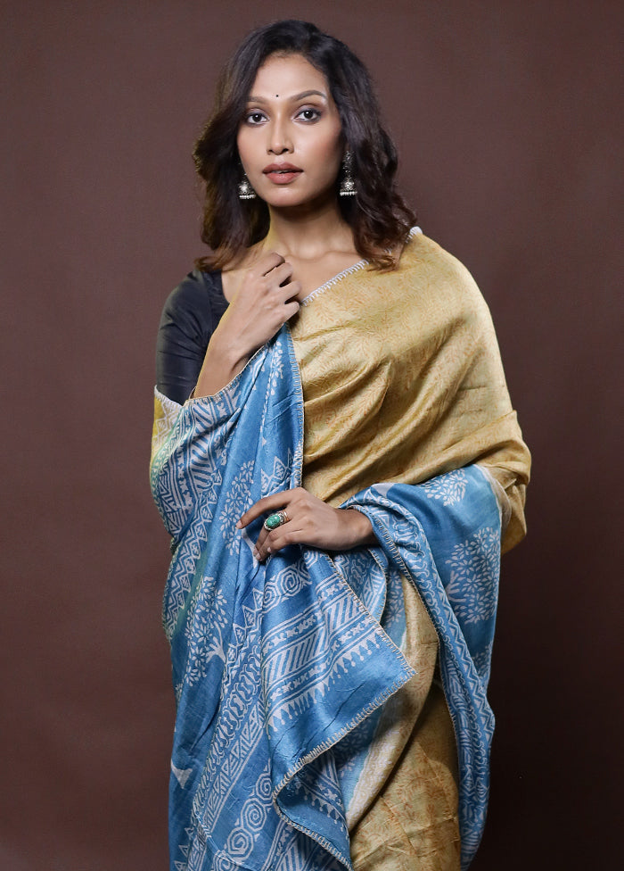 Blue Handloom Tussar Pure Silk Saree With Blouse Piece