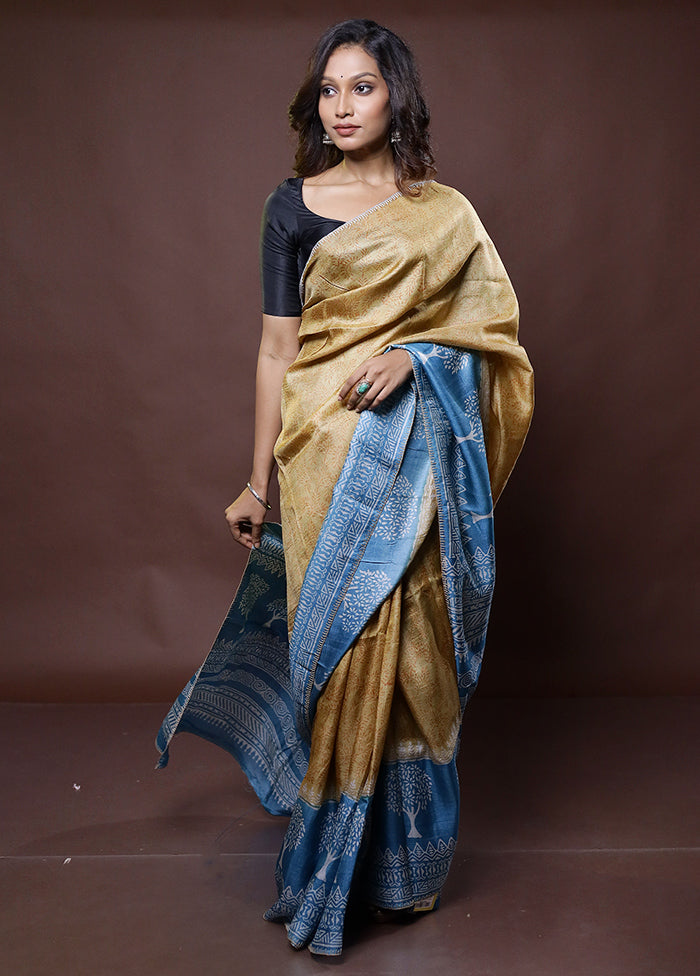 Blue Handloom Tussar Pure Silk Saree With Blouse Piece