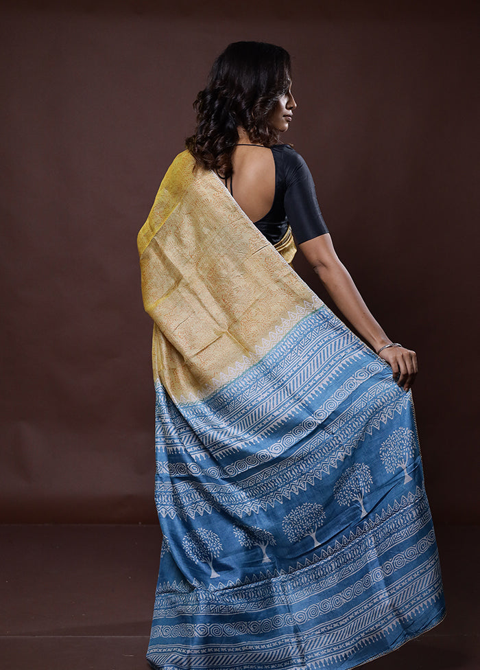 Blue Handloom Tussar Pure Silk Saree With Blouse Piece