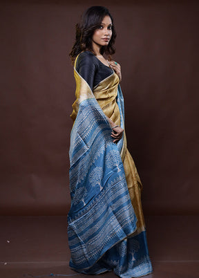 Blue Handloom Tussar Pure Silk Saree With Blouse Piece