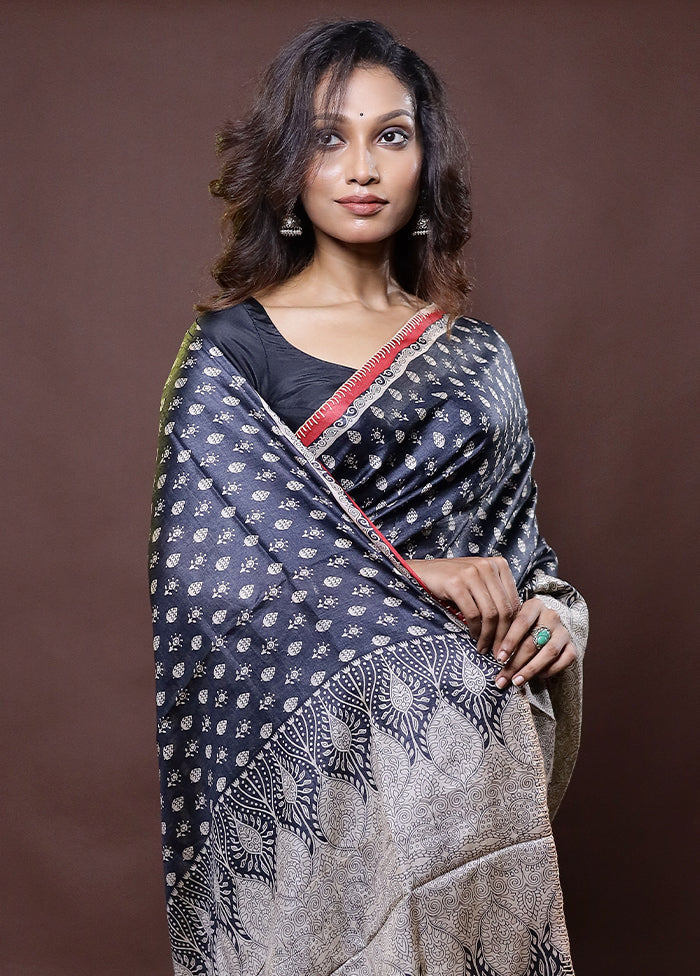 Black Handloom Tussar Pure Silk Saree With Blouse Piece