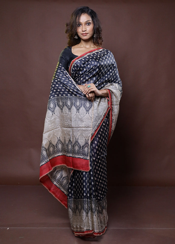 Black Handloom Tussar Pure Silk Saree With Blouse Piece