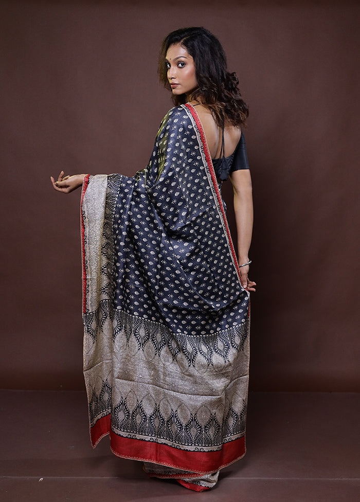 Black Handloom Tussar Pure Silk Saree With Blouse Piece