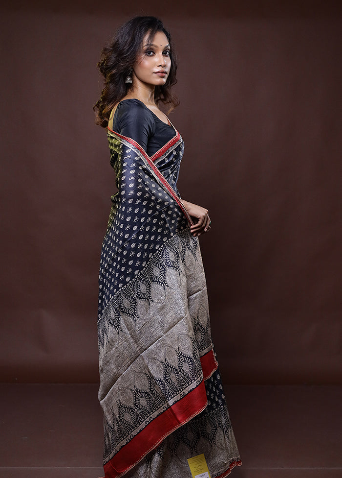 Black Handloom Tussar Pure Silk Saree With Blouse Piece