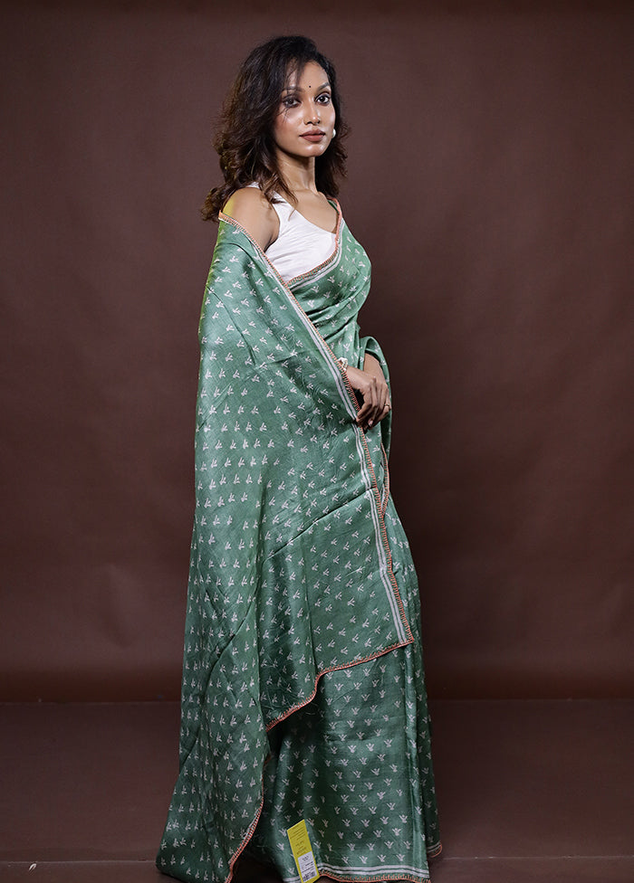 Green Handloom Tussar Pure Silk Saree With Blouse Piece