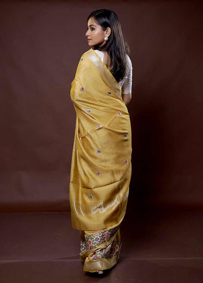 Yellow Handloom Pure Muga Dupion Silk Saree With Blouse Piece