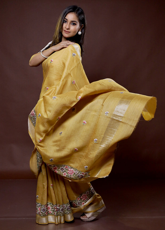 Yellow Handloom Pure Muga Dupion Silk Saree With Blouse Piece