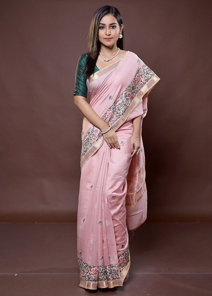 Pink Handloom Pure Muga Dupion Silk Saree With Blouse Piece