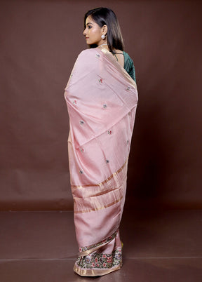 Pink Handloom Pure Muga Dupion Silk Saree With Blouse Piece