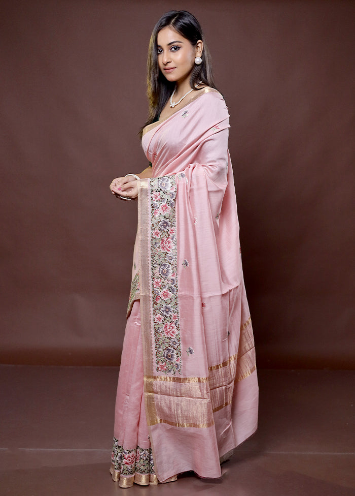 Pink Handloom Pure Muga Dupion Silk Saree With Blouse Piece