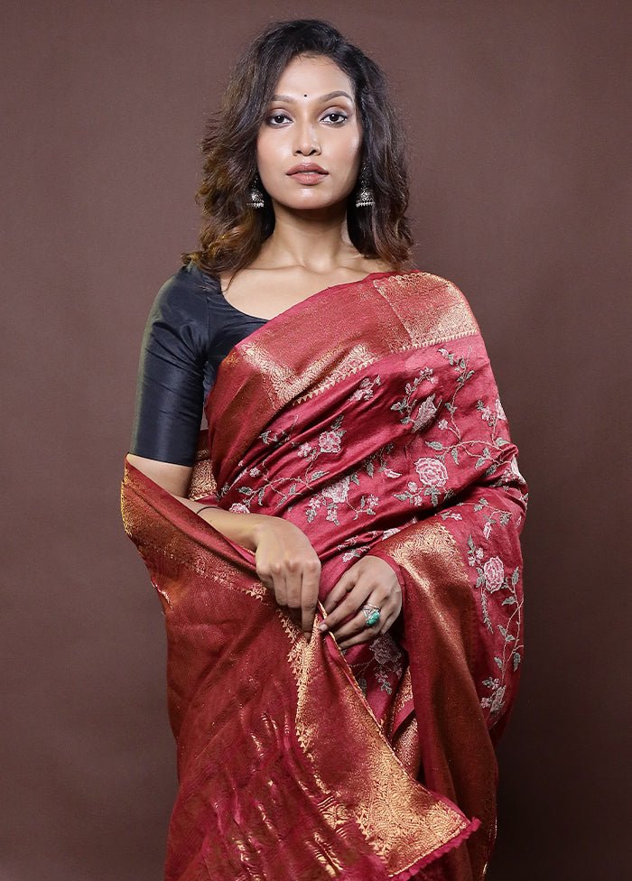 Maroon Handloom Pure Muga Dupion Silk Saree With Blouse Piece