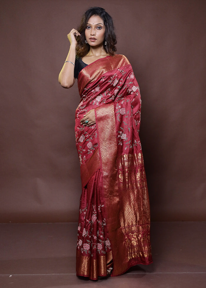 Maroon Handloom Pure Muga Dupion Silk Saree With Blouse Piece