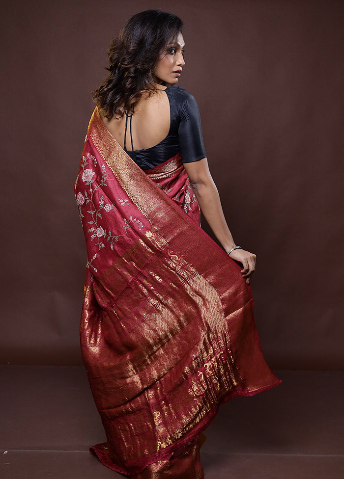 Maroon Handloom Pure Muga Dupion Silk Saree With Blouse Piece