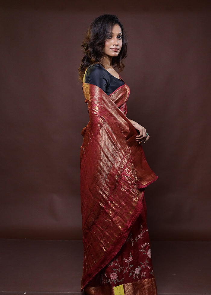 Maroon Handloom Pure Muga Dupion Silk Saree With Blouse Piece