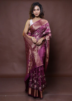 Purple Handloom Pure Muga Dupion Silk Saree With Blouse Piece