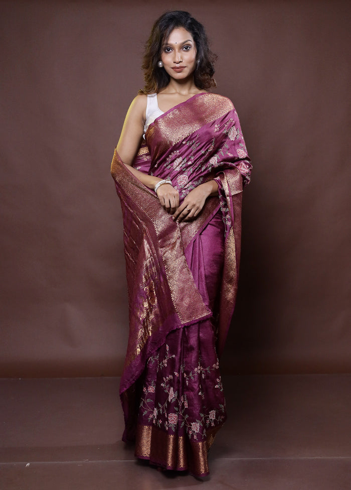 Purple Handloom Pure Muga Dupion Silk Saree With Blouse Piece