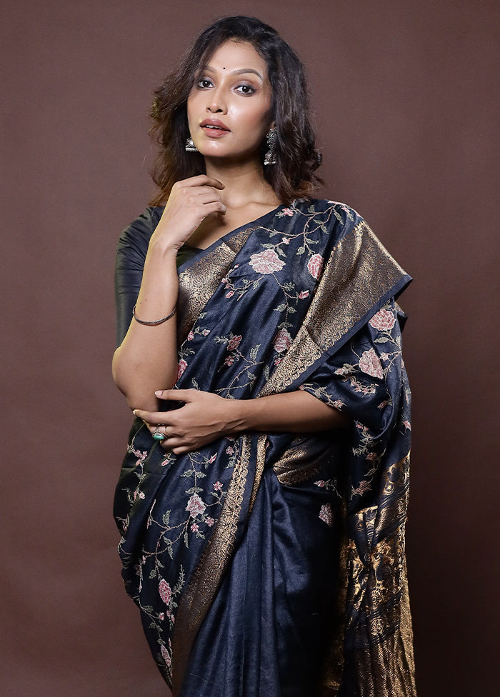 Black Handloom Pure Muga Dupion Silk Saree With Blouse Piece