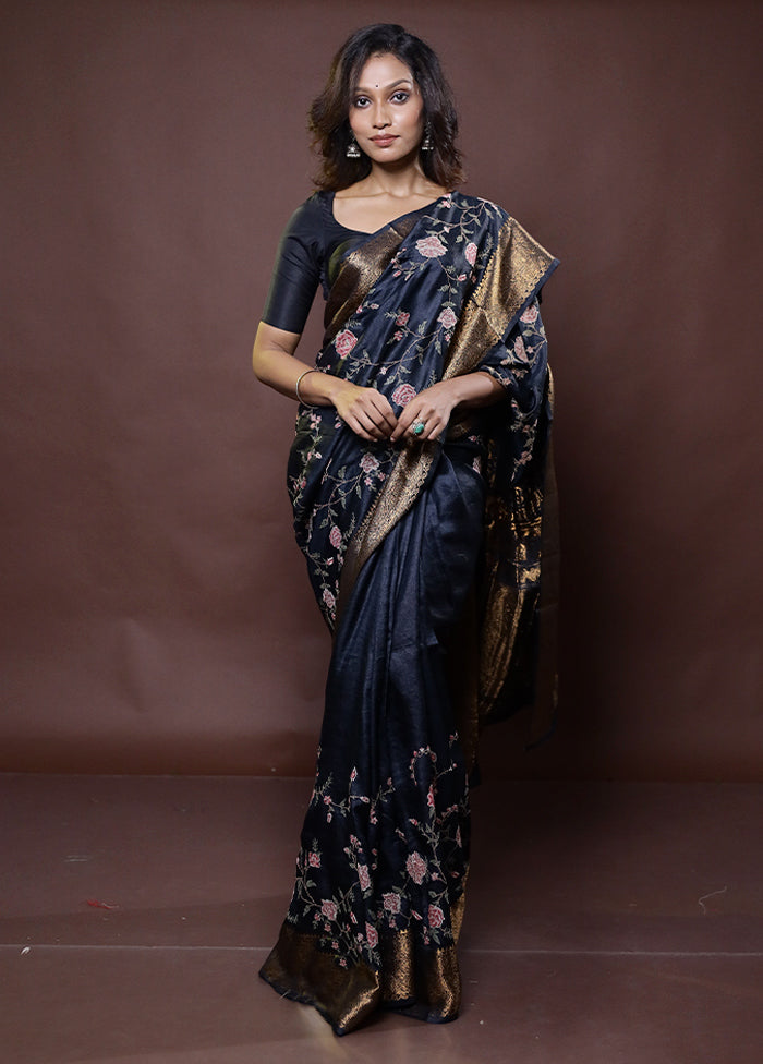 Black Handloom Pure Muga Dupion Silk Saree With Blouse Piece