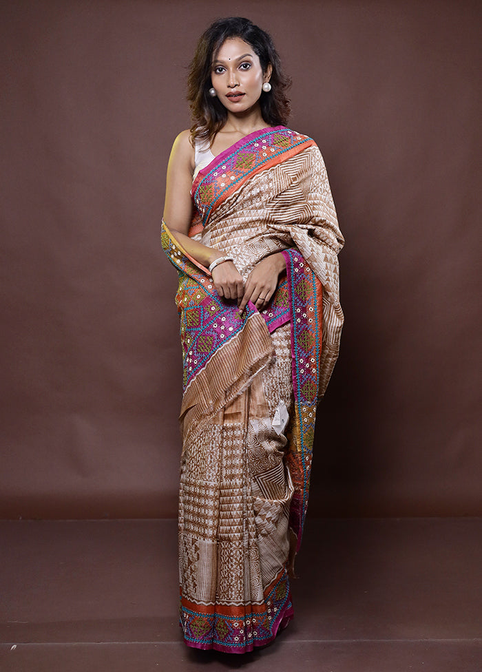 Cream Handloom Tussar Pure Silk Saree With Blouse Piece